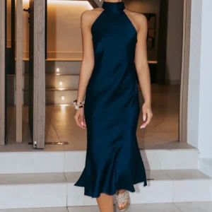 Halterneck Satin Midi Dress